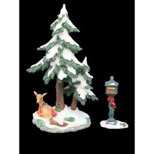 Christmas Village Figurine Fawn n Cardinal Under Snowy Pine Tree w Santa Mailbox